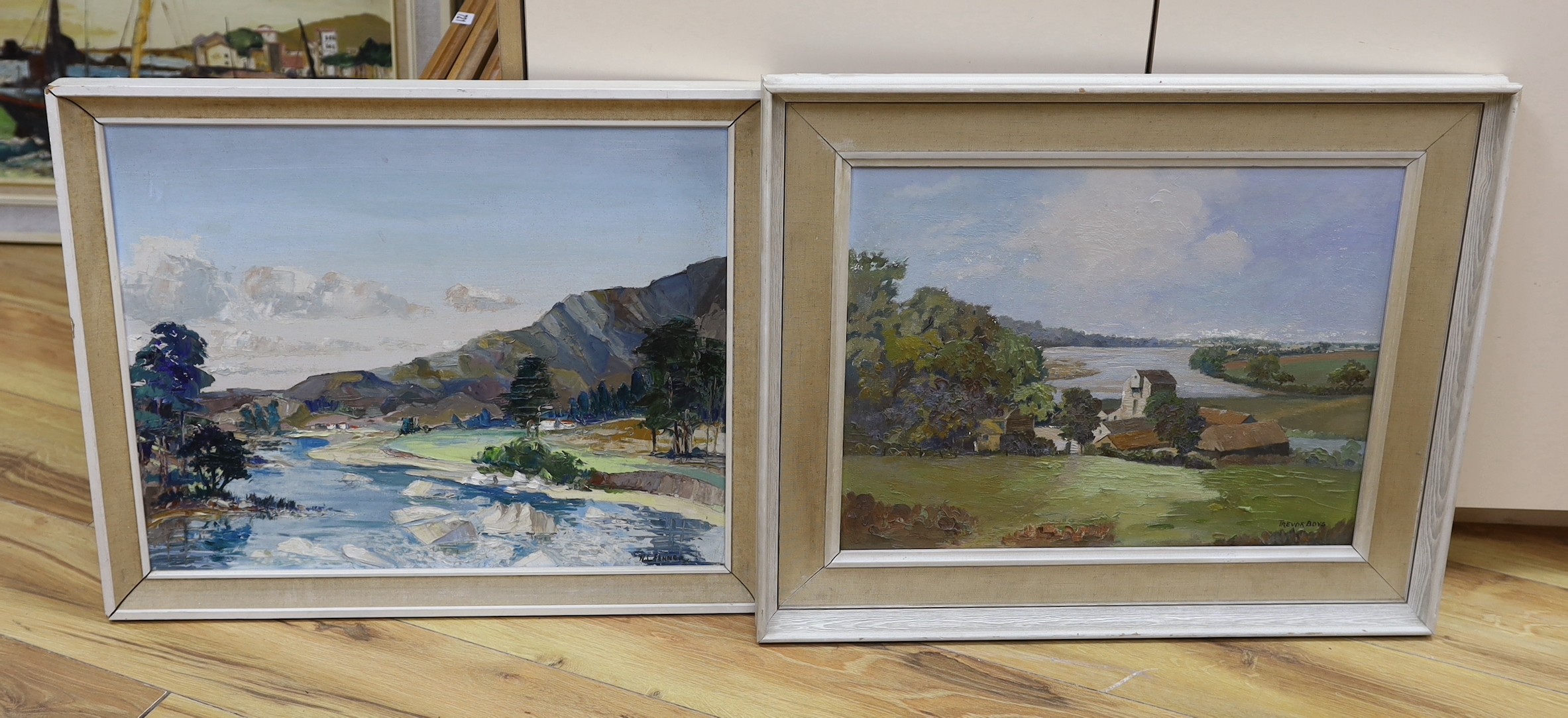 Trevor Boys, two oils on board and on canvas, 'Alresford Creek, Tide Mill' and 'Welsh Hills', signed, largest 40 x 50cm
